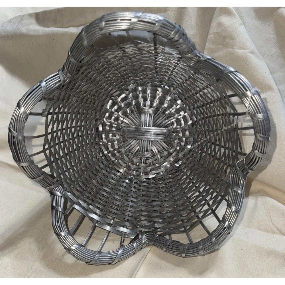 French Woven Wire Basket Caddy with Silver Plating Scalloped 5.5